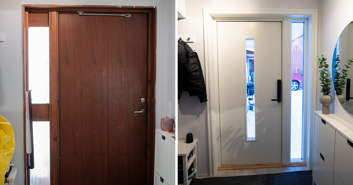 Före- och efterbild av ytterdörr – gammal trädörr jämfört med ny vit dörr med glasinsläpp.