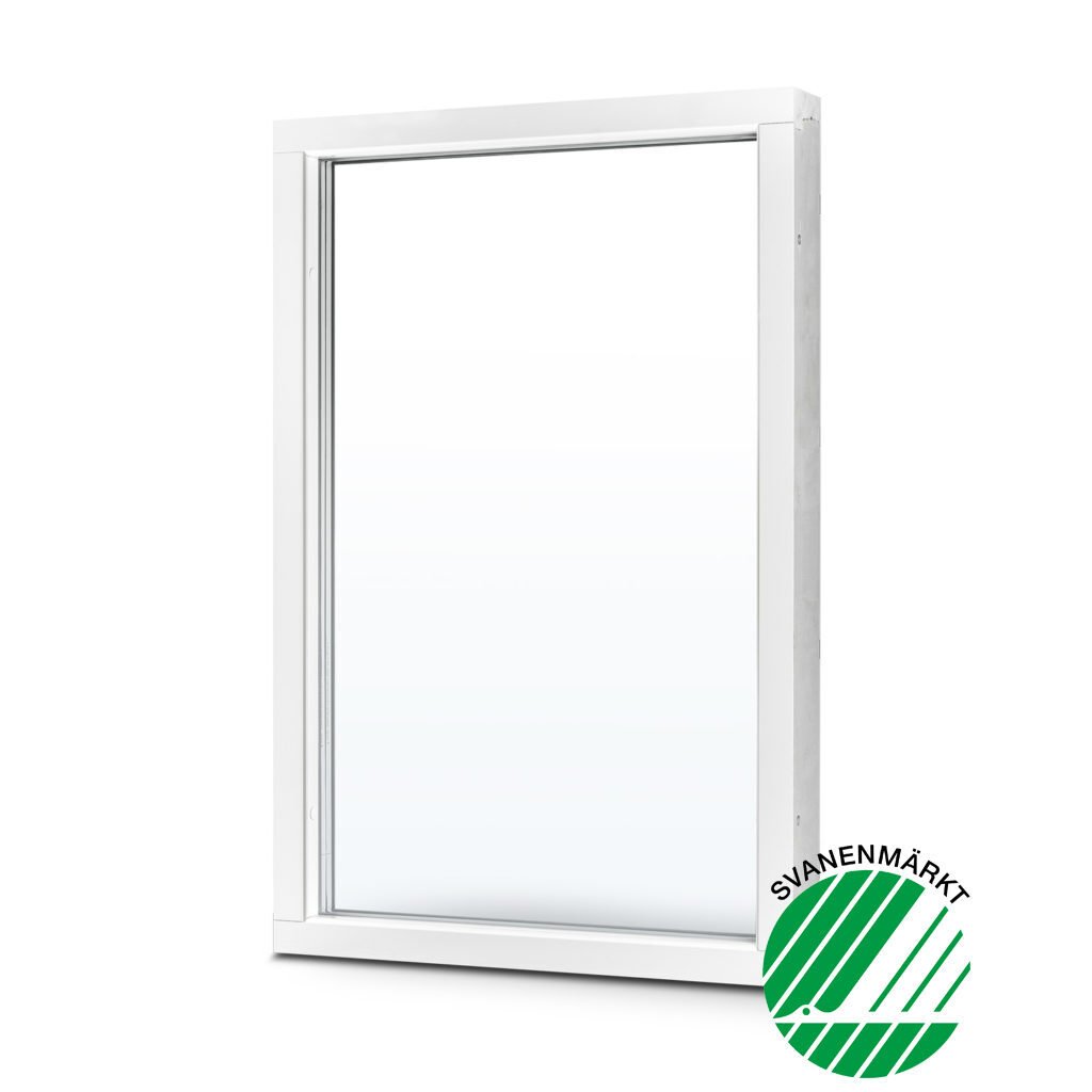 Vitt fönster med Svanenmärkning som visar energieffektivt glas med varm kant.