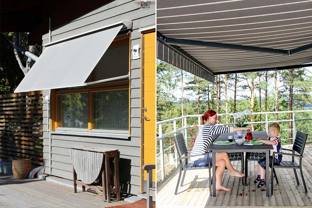Utvändiga markiser och terrassmarkis som ger skugga vid uteplats.