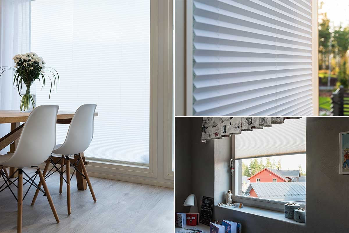 Fönster med plisségardin och persienn som filtrerar ljus inomhus.