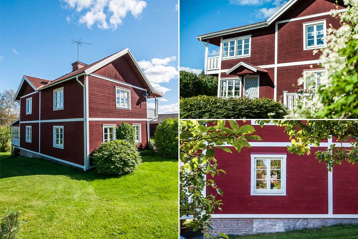 Rött trähus från flera vinklar med fokus på fönster och fasad.