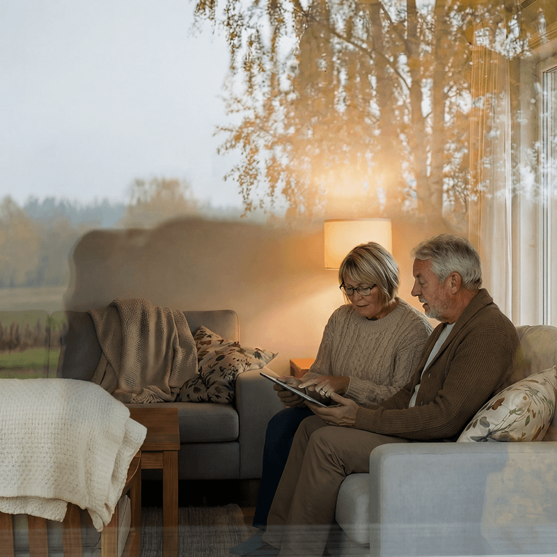Äldre par sitter i en soffa vid ett stort fönster och tittar på en surfplatta.