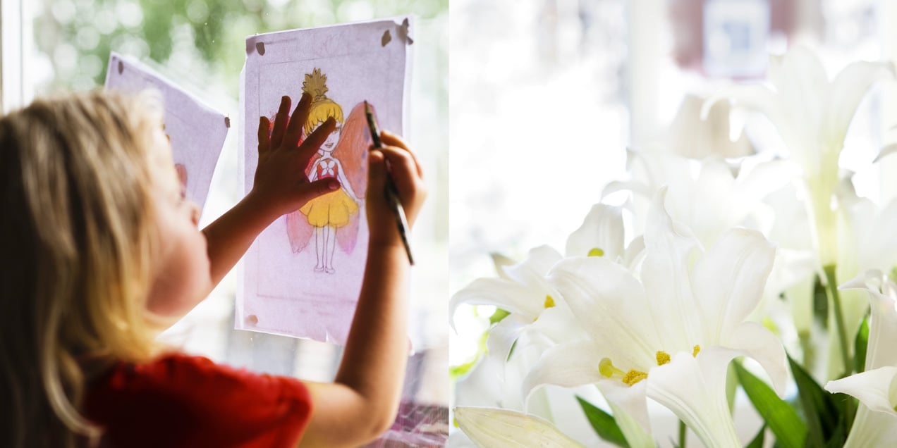 Barn ritar och sätter upp teckning på fönster, med blommor i förgrunden.