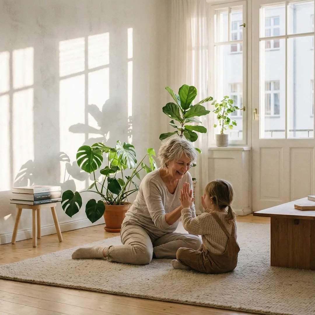 Äldre kvinna och barn leker i ljust vardagsrum med stora fönster.