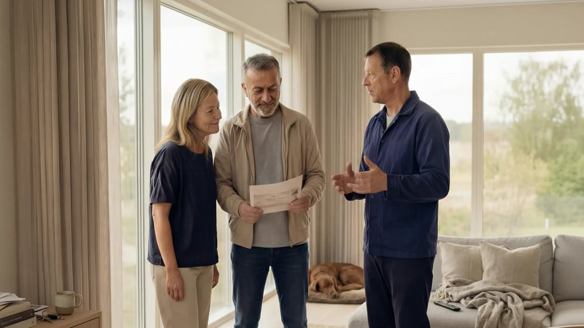 Tre personer står i ett vardagsrum och diskuterar ett dokument vid stora fönster.