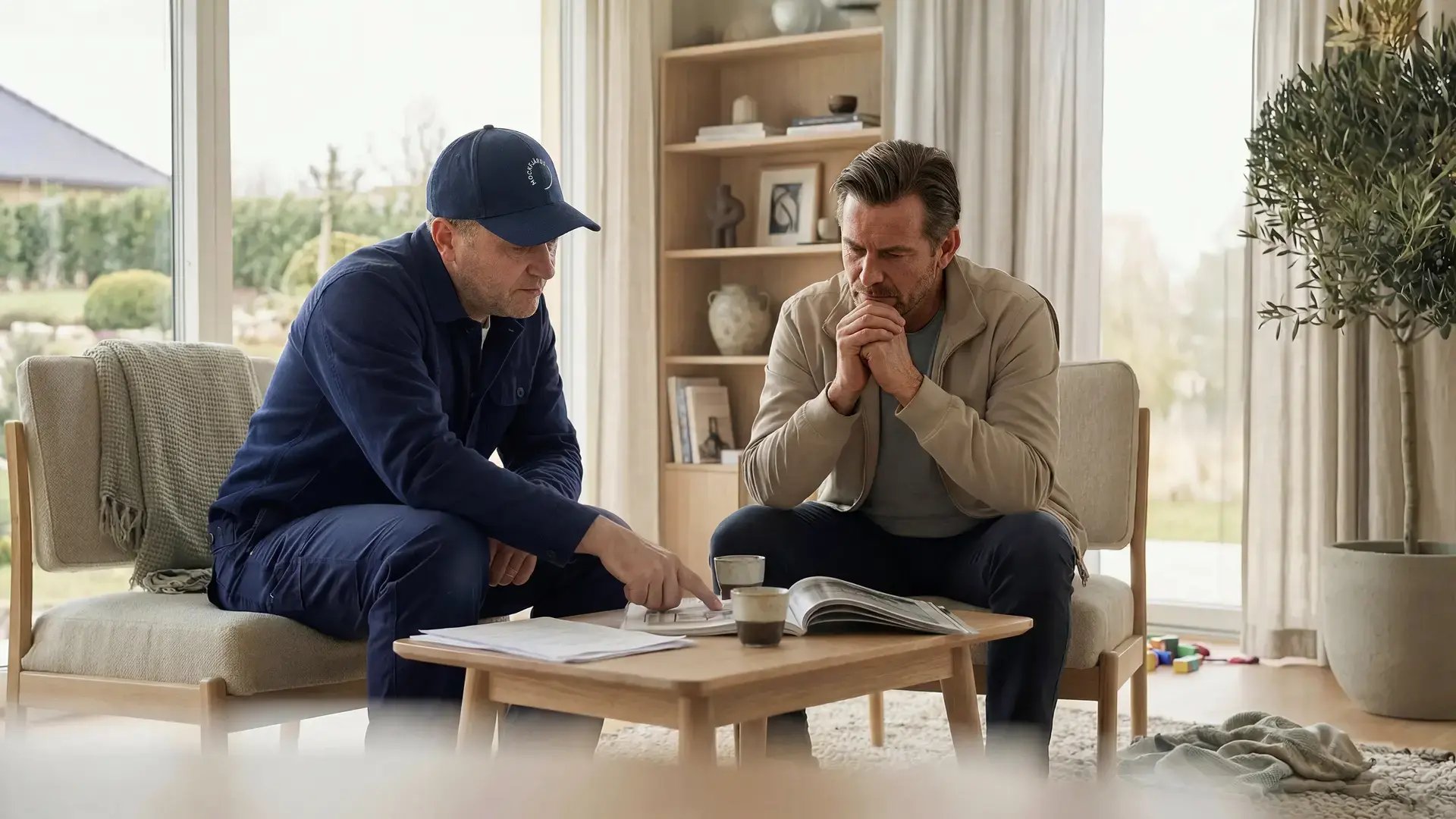 Två män sitter vid ett bord och bläddrar i kataloger i vardagsrummet.