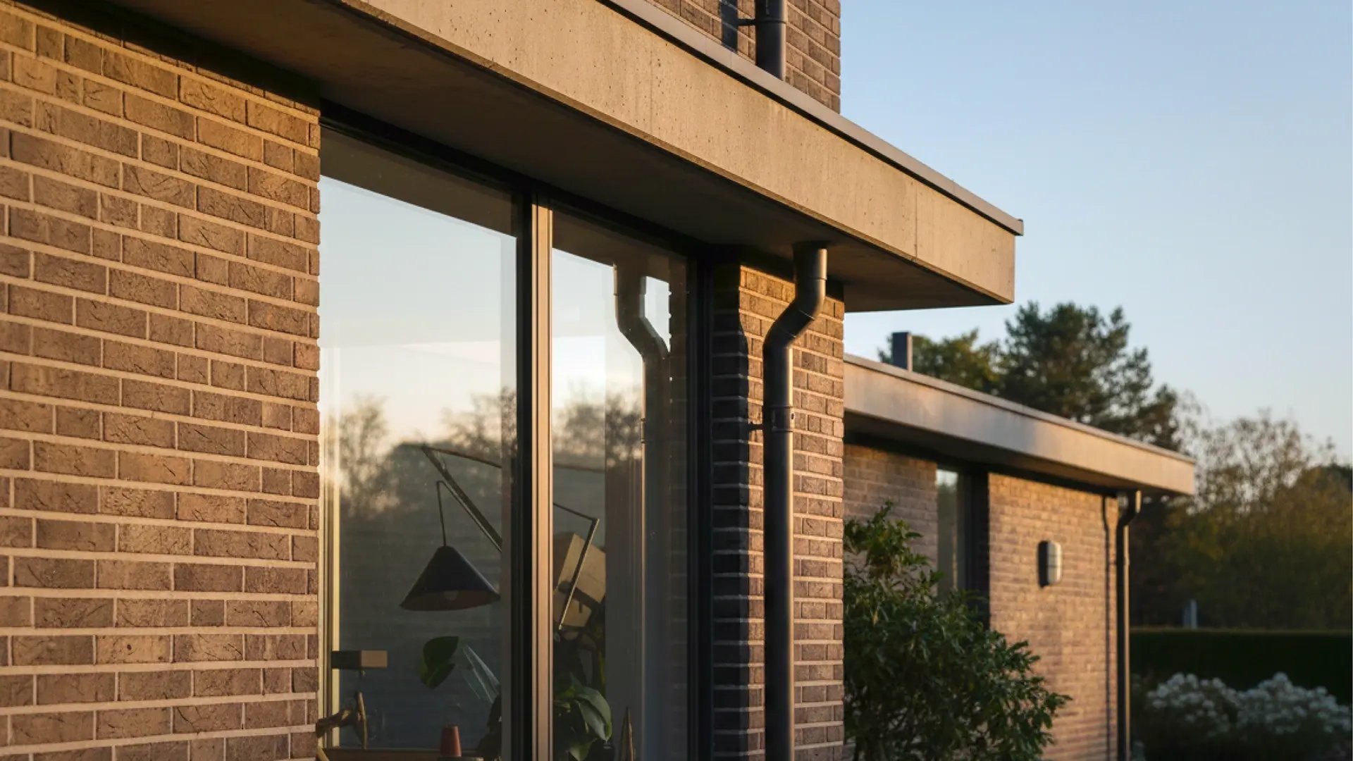 Stora fönster i ett modernt tegelhus speglar kvällsljuset