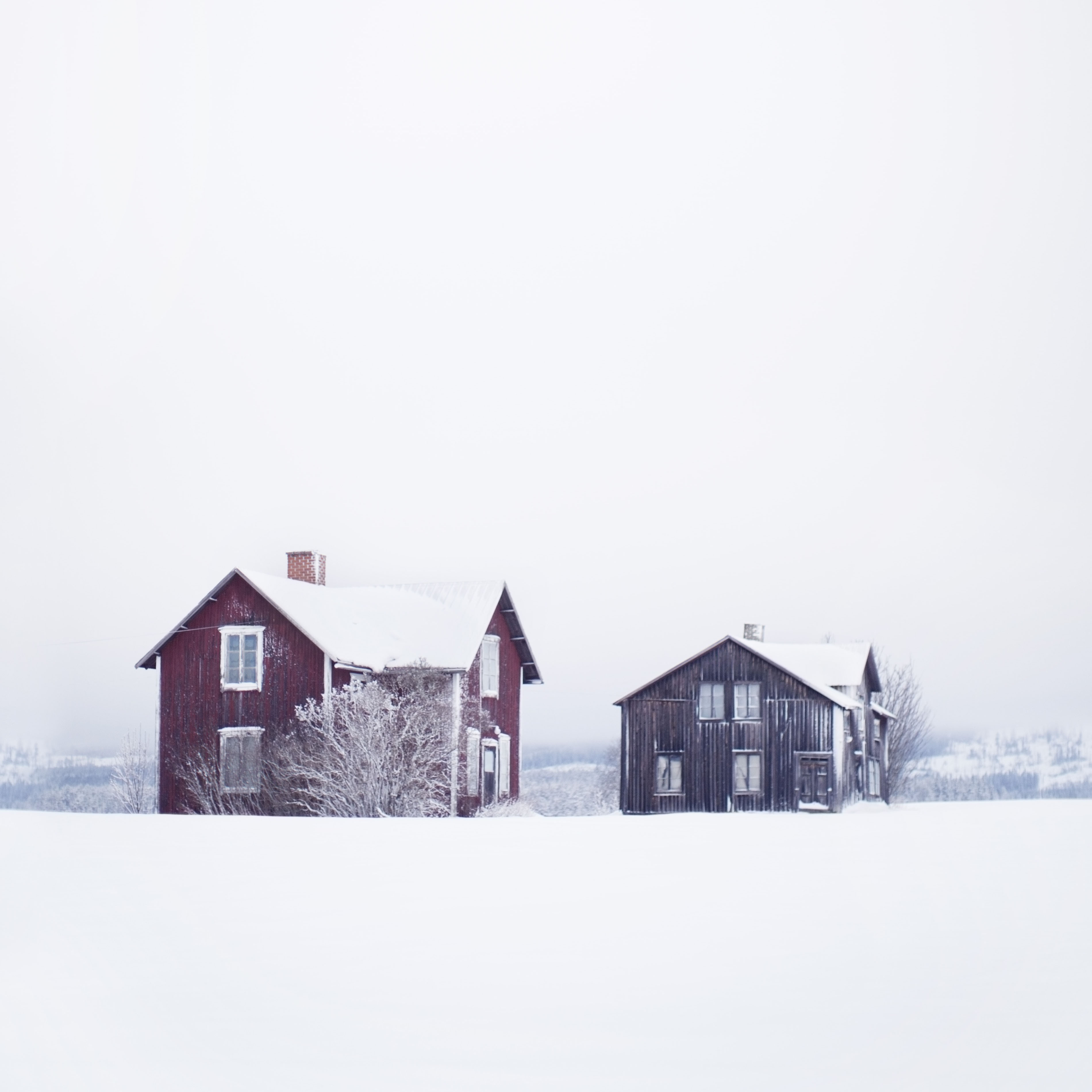  Två hus i snötäckt landskap med vinterdimma.