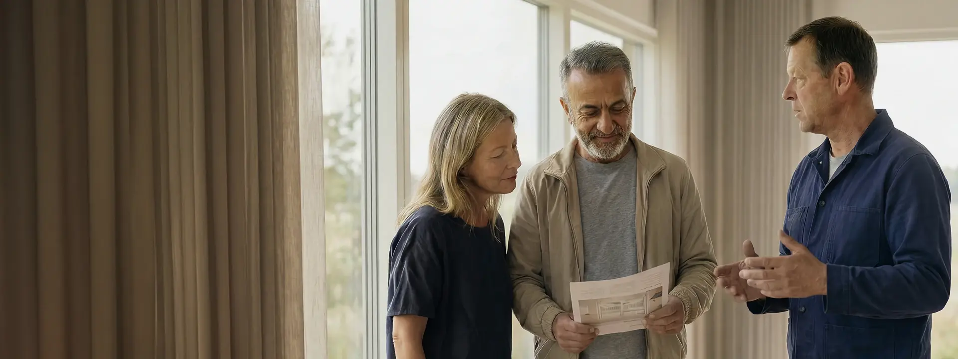 Tre personer står i ett vardagsrum och diskuterar ett dokument vid stora fönster.